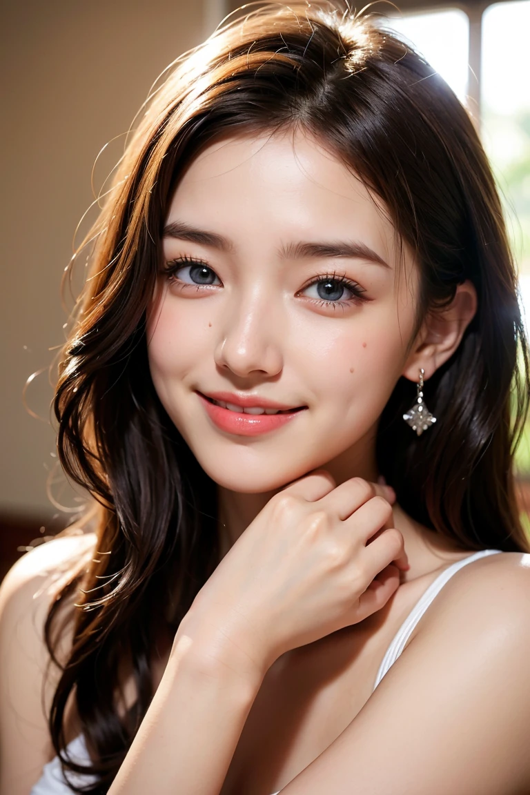 Maintain this face and pose image:1.5、Pale face and eyes:1.3、細いPale face and eyes:1.3, blue eyes:1.3、{RAW shooting、4K, 8K, highest quality}, {{Masterpiece}}, {Very delicate and beautiful}, Outstanding light and shadow, Highly detailed wallpaper, Sunny and bright sunlight, whole body, whole body、 girl, , blush:1.2、Shaggy light brown long hair:1.3, Strong sunlight, Delicate Hair,Realistic skin texture, B cup breasts、valley, Fresh, Young Skin, Visible wrinkles on the skin., Broad shoulders:1.4, ((A strong light shines on your face:1.5)), Take dynamic poses:1.5, necklace、ring、Earrings、Toothy smile:1,5、smile:1.5, Ray Tracing, Sexy and seductive gestures、((Inside McDonald's 1.5))、Eating a hamburger:1.5、((hot pants、White T-shirt))