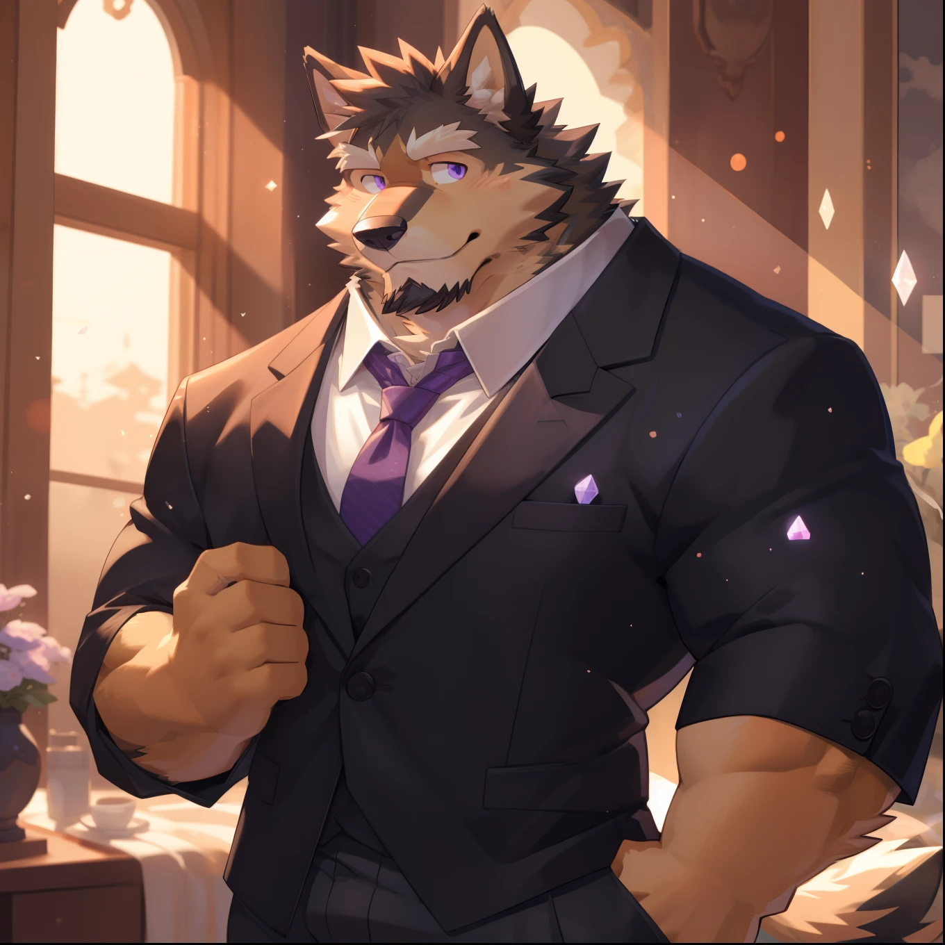 Scribble German Shepherd face,Cute face,Humanity(dog),(Formal wear:1.3),muscular,(White eyebrows:1.1),(Perfect purple eyes),（artist:Takemoto Arashi）,(Bulging buttocks),Bedroom scene，crystal necklace