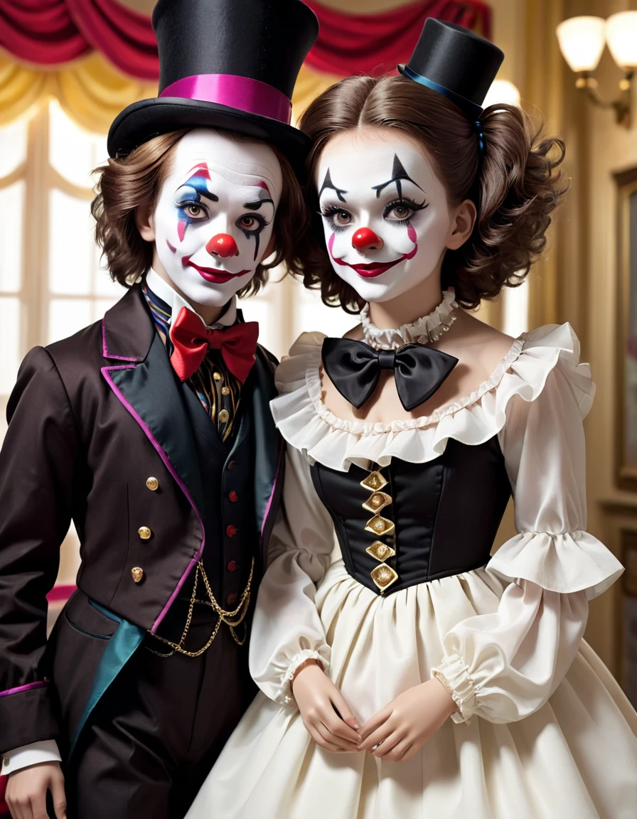 I need a female doll, dressed and made up like a clown, she would have medium brown hair And a boy dressed as a magician with a top hat he would also have brown hair And the two would be kissing 