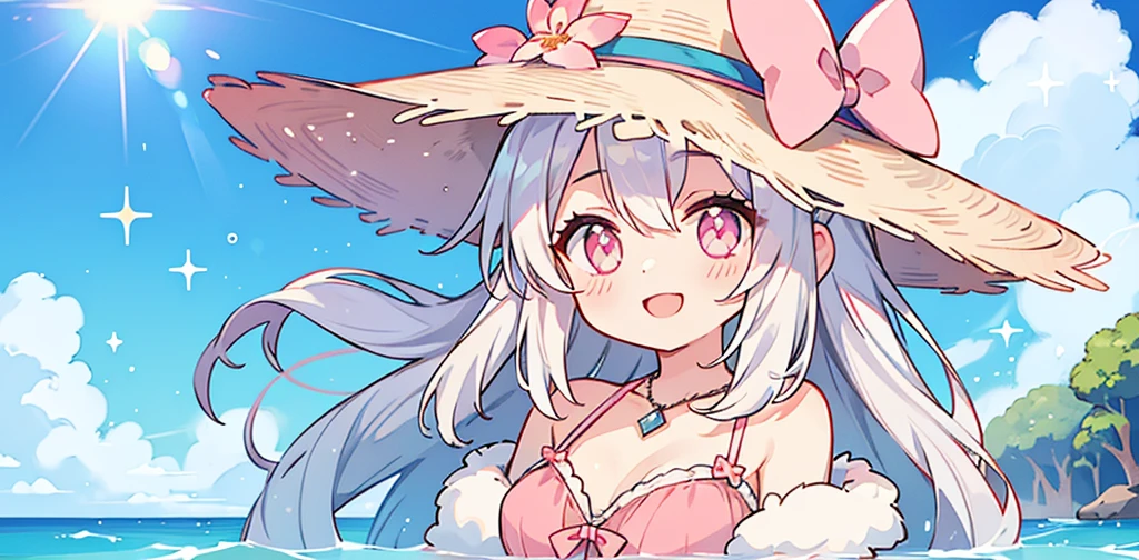 summer、1 girl、((Silver fur))、((Pink sparkly eyes))、A sloppy smile、Open your mouth、Swimwear、Highest quality、Ocean