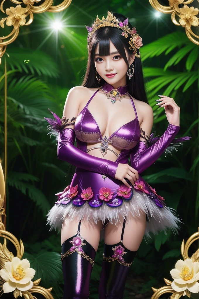 sexy Indonesian model who controls poison、beautiful smile、lipgloss、long lashes、intense makeup、look at the camera、full body Esbian、、sparkling poisoned flower costume、、、、shiny sparkling multicolor hair、secrete poison、skull hair accessories、sexy tights、shiny sparkling dark magic forest background