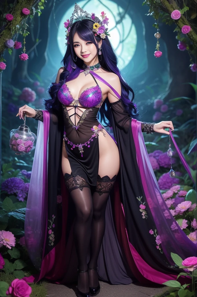 sexy Indonesian model who controls poison、beautiful smile、lipgloss、long lashes、intense makeup、look at the camera、full body Esbian、、sparkling poisoned flower costume、、、、shiny sparkling multicolor hair、secrete poison、skull hair accessories、sexy tights、shiny sparkling dark magic forest background
