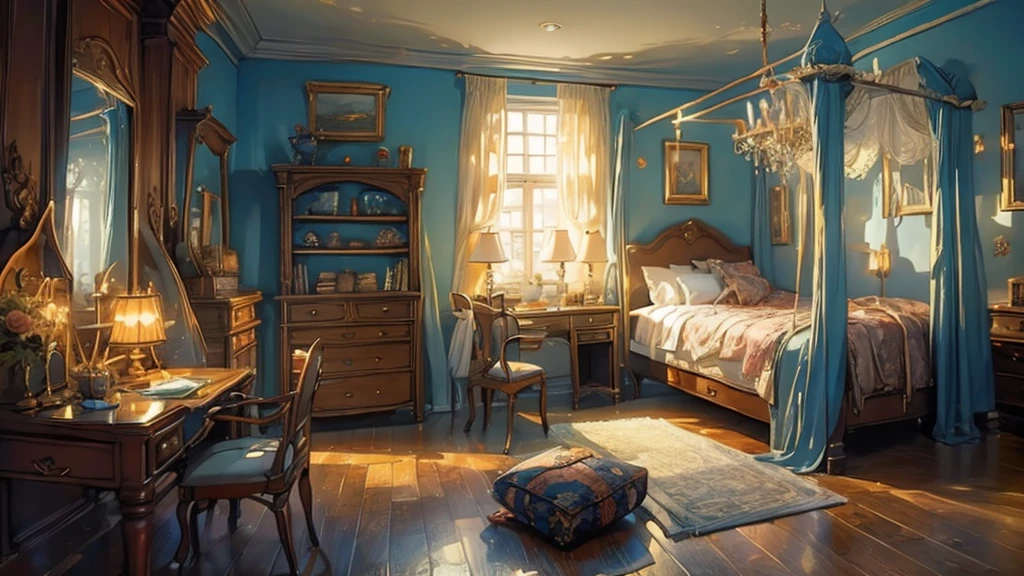 (((masterpiece))), (((best quality))), A magical dorm bedroom, vintage interior
