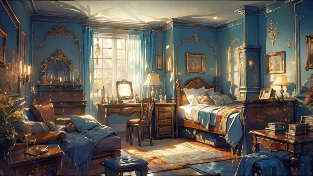(((masterpiece))), (((best quality))), A magical dorm bedroom, vintage interior