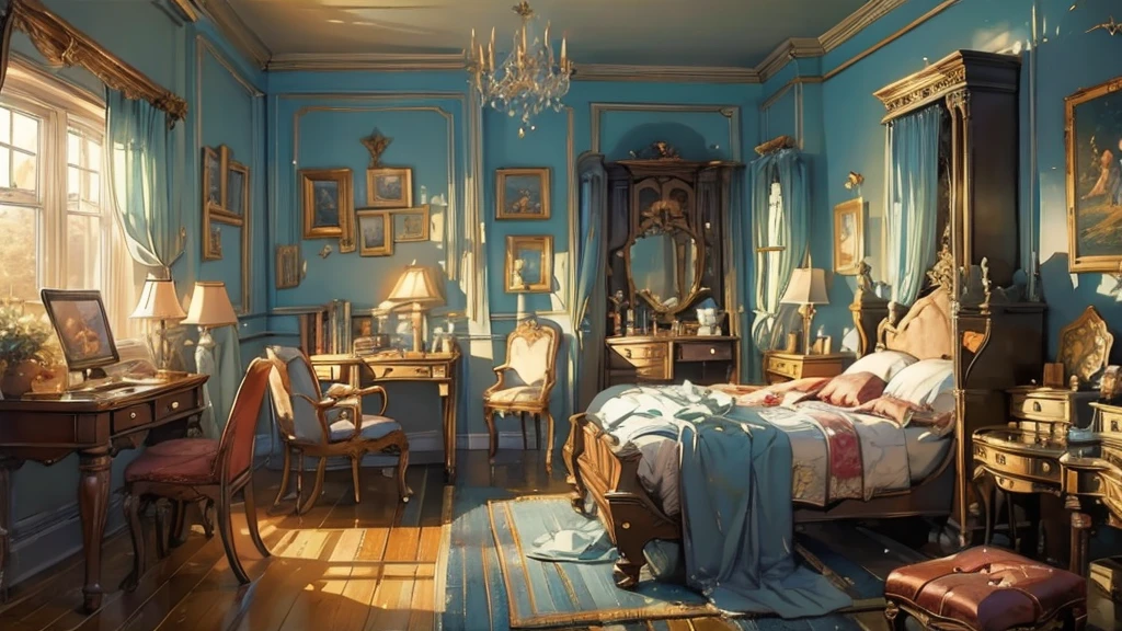 (((masterpiece))), (((best quality))), A magical dorm bedroom, vintage interior