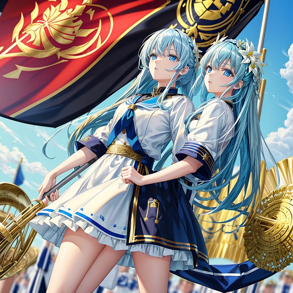 One girl、Dynamic configuration、marching band、(((masterpiece、Highest quality、Official Art、Very detailed、Handsome face、Dynamic configuration)))、Anime Style、(Milky white and blue hair:1.3),(blue eyes:1.4),(Bright colors:1.4), marching bandのユニフォーム, marching bandの帽子、mini skirt, Frills, Two hands holding a black and white gold embroidered flag,（background:Large red flag and gold flower embroidery on the back, Note, )、Giant Flag、旗をbackgroundにかっこいい構図、marching band、marching bandユニフォーム、