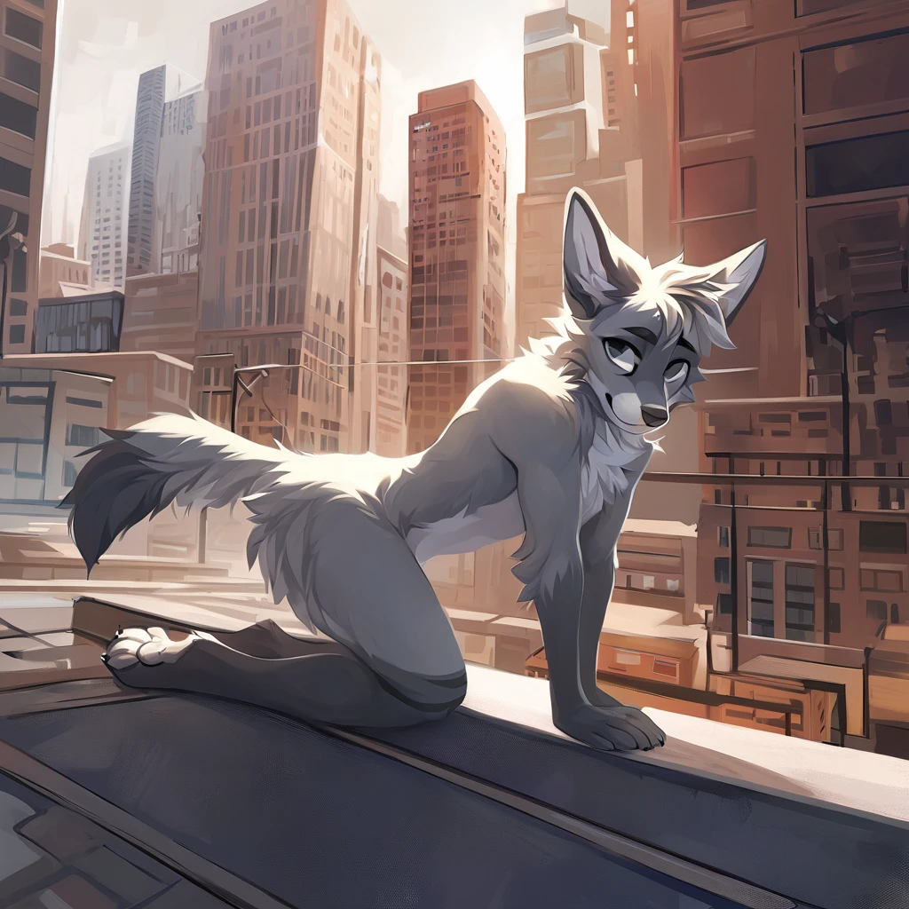 Solo, male, furry art, fursona, ((canine)), (((grey primary fur))), white secondary, (perky ears), cool pose, city background, amazing art, masterfully executed, beautiful background, normal body, paws.