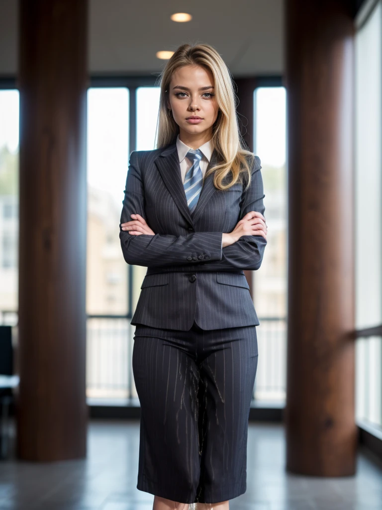 (masutepiece,High quality,16k:1.1),(depth of fields:1.3) ,((front body:1.35)), Ukrainian ,Woman, blonde,makeup,((business suit, black vertical striped pencil skirt )), voluptuous, thicc,(arms crossed:1.5) (wetting herself:1.5), (desperation:1.75),standing ,necktie peeing self, wetting her clothes