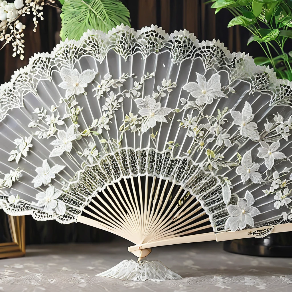 White laceで出来た扇子, Beautiful lace fan, Lace fan for room decoration, indoor, White lace, Very delicate lace, best quality:1.2, 4K, 8K, Very detailed, High Detail, masterpiece:1.2