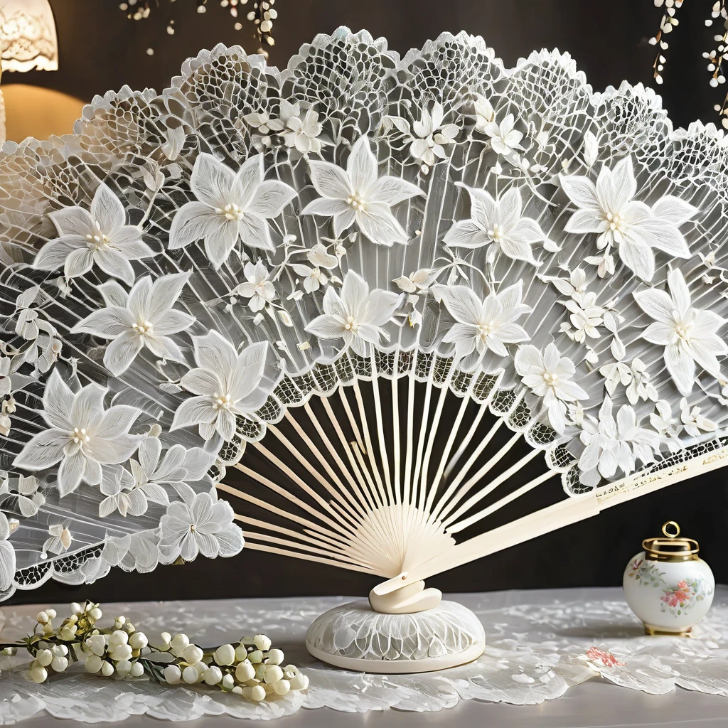 White laceで出来た扇子, Beautiful lace fan, Lace fan for room decoration, indoor, White lace, Very delicate lace, best quality:1.2, 4K, 8K, Very detailed, High Detail, masterpiece:1.2