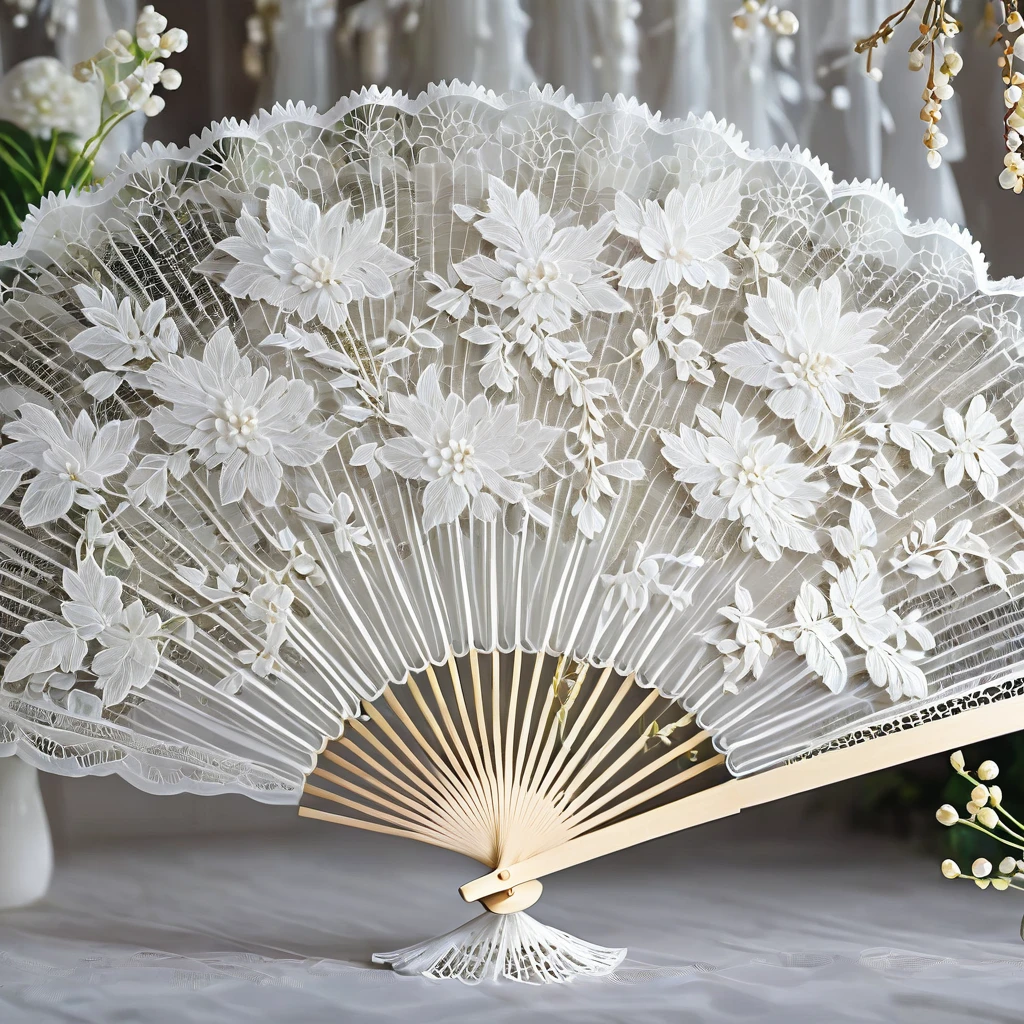 White laceで出来た扇子, Beautiful lace fan, Lace fan for room decoration, indoor, White lace, Very delicate lace, best quality:1.2, 4K, 8K, Very detailed, High Detail, masterpiece:1.2