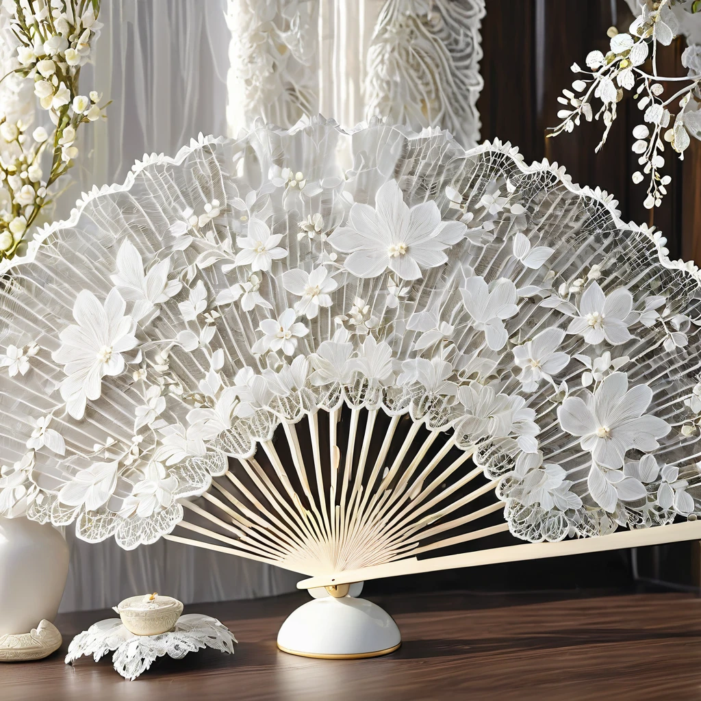 White laceで出来た扇子, Beautiful lace fan, Lace fan for room decoration, indoor, White lace, Very delicate lace, best quality:1.2, 4K, 8K, Very detailed, High Detail, masterpiece:1.2