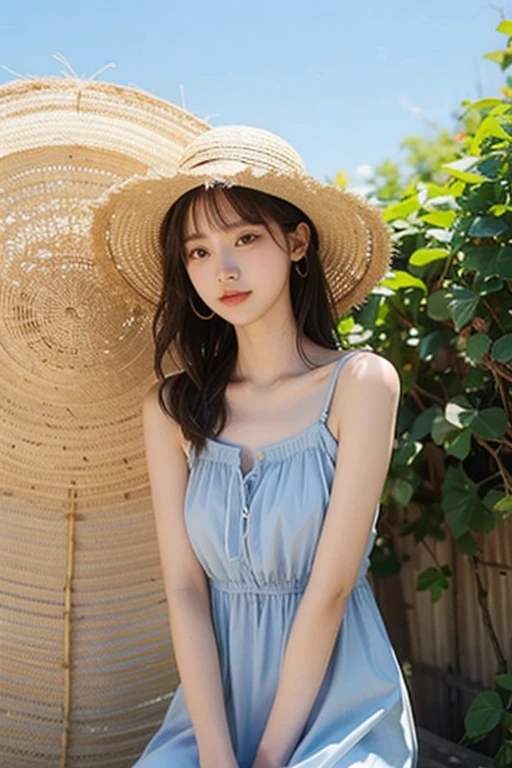One woman, Summer Dresses, Straw hat, Looking this way, The background is blue sky