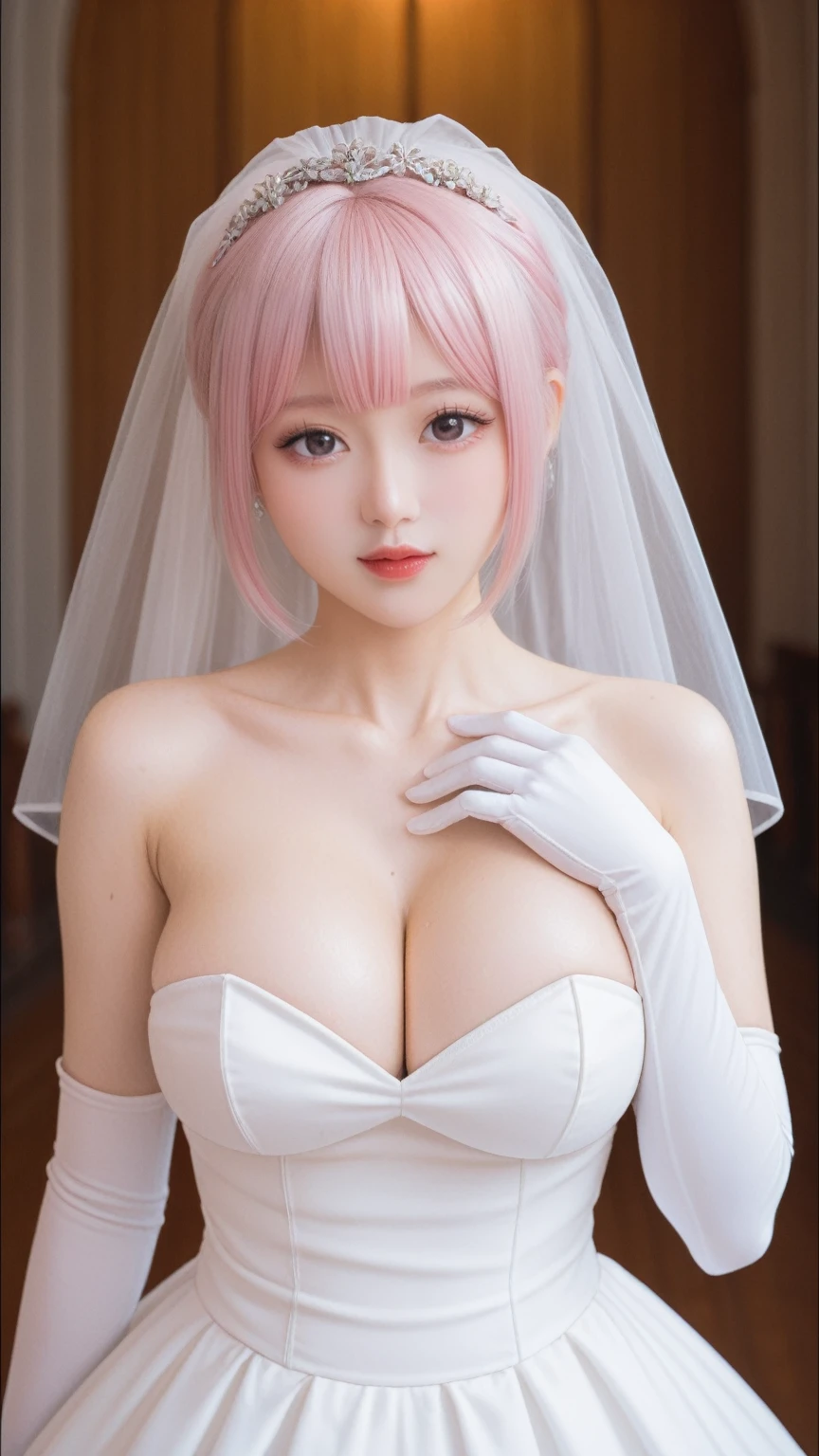 Ernonai, Nino Nakano, The illustration is exquisite, showcasing her beautiful and delicate eyes and an extremely detailed face, illuminated by perfect lighting.
Her short hair is styled with bangs, and she wears hair accessories, including a headband and butterfly hair accessories. Her pink hair is styled with blunt bangs and sides up, adding to her youthful and playful appearance.
Nino is dressed in a wedding-themed outfit, featuring a strapless skirt and a bridal veil. Her white gloves and white skirt complement her attire, with the strapless design highlighting her bare shoulders and clavicle. She also wears elbow gloves, adding a touch of elegance to her bridal look.
The setting is indoors, in a church, enhancing the wedding theme of the scene. Nino looks at the viewer, her posture confident and her expression inviting, making the portrait a captivating and visually striking piece.
This artwork is a testament to the artist's skill in creating a detailed and realistic CG character, with perfect hands and anatomy. The focus on her huge breasts and wet skin adds to the sensual and elegant nature of the portrait, creating a memorable and impactful image.