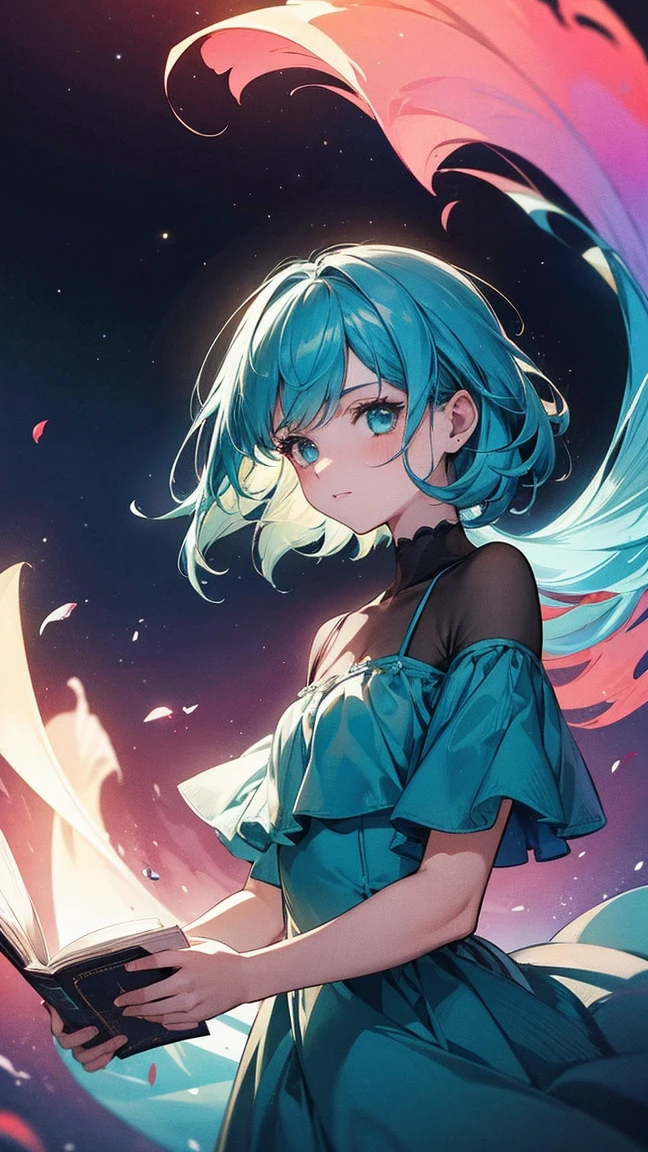 (best quality, Masterpiece), 1 girl, read a book, particle, wind, flower, upper body, simple background, look at viewer, rainbow hair, Short teal floaty dress, universe, nebula, galaxy