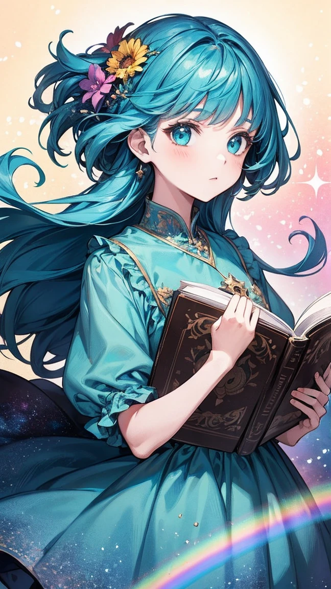 (best quality, Masterpiece), 1 girl, read a book, particle, wind, flower, upper body, simple background, look at viewer, rainbow hair, Short teal floaty dress, universe, nebula, galaxy