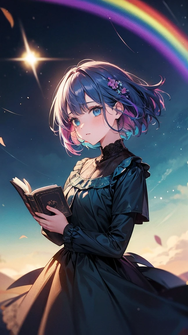 (best quality, Masterpiece), 1 girl, read a book, particle, wind, flower, upper body, simple background, look at viewer, rainbow hair, Short teal floaty dress, universe, nebula, galaxy
