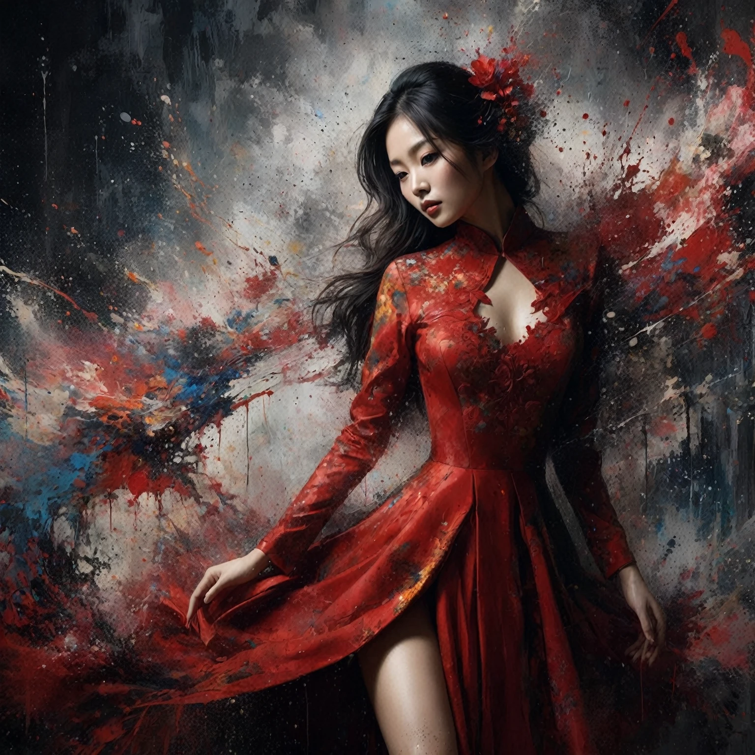Full body shot of an painting of beautiful asian woman in red princess dress with abstract painting splash, best dynamic pose, gaze at the camera, dark background. Artist:{ramdomly selected}. Amazing painting splash distorted, Stunningly beautiful painting, stunning abstract background, Shot on Sony Alpha α7CR full-frame, photorealistic, realistic human, UHD 1536px, high quality photos.