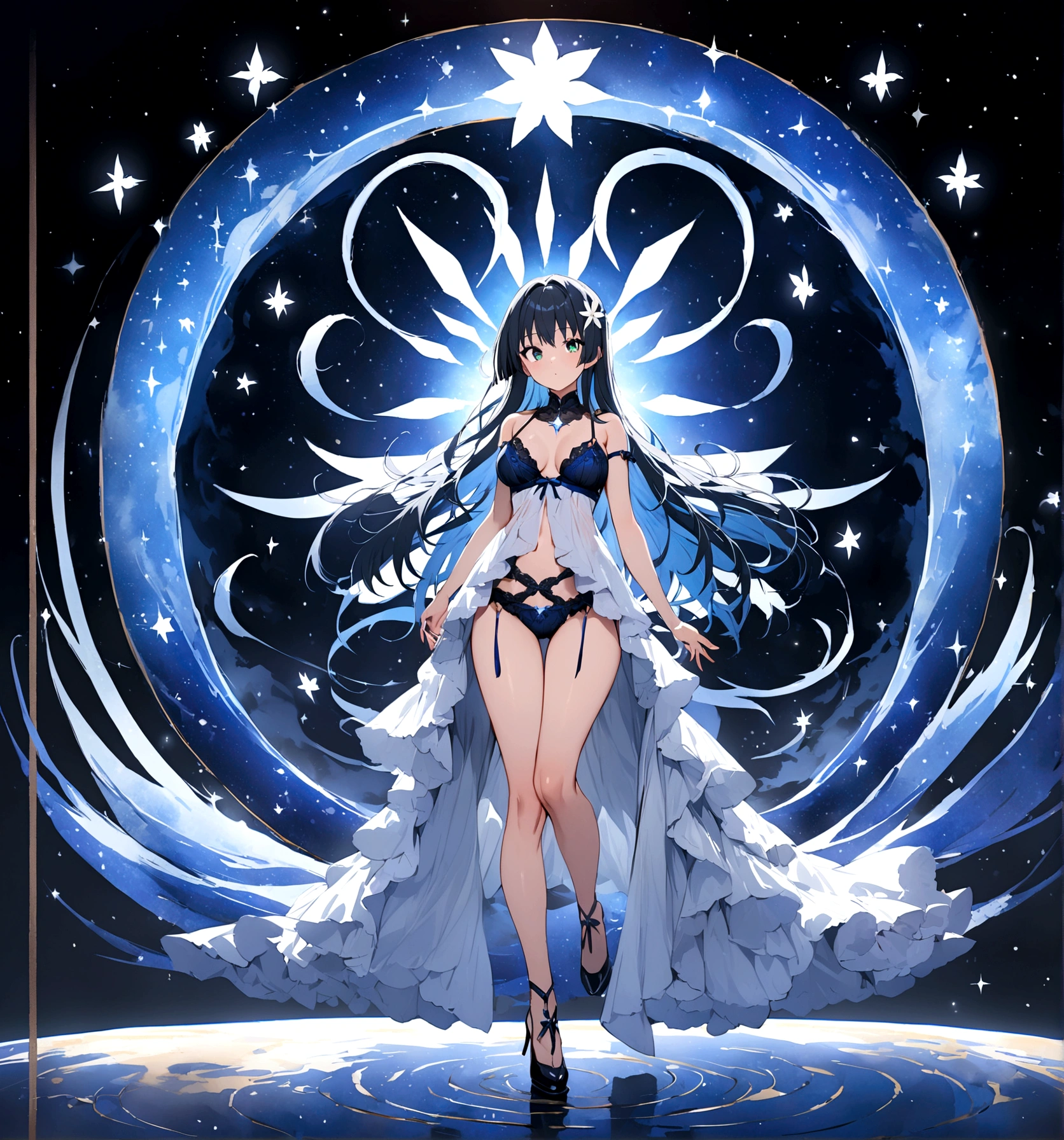 masterpiece, Highest quality, Saten Ruiko, One Girl, lingerie,Beautiful Eyes,Blue Hair,whole body,Are standing