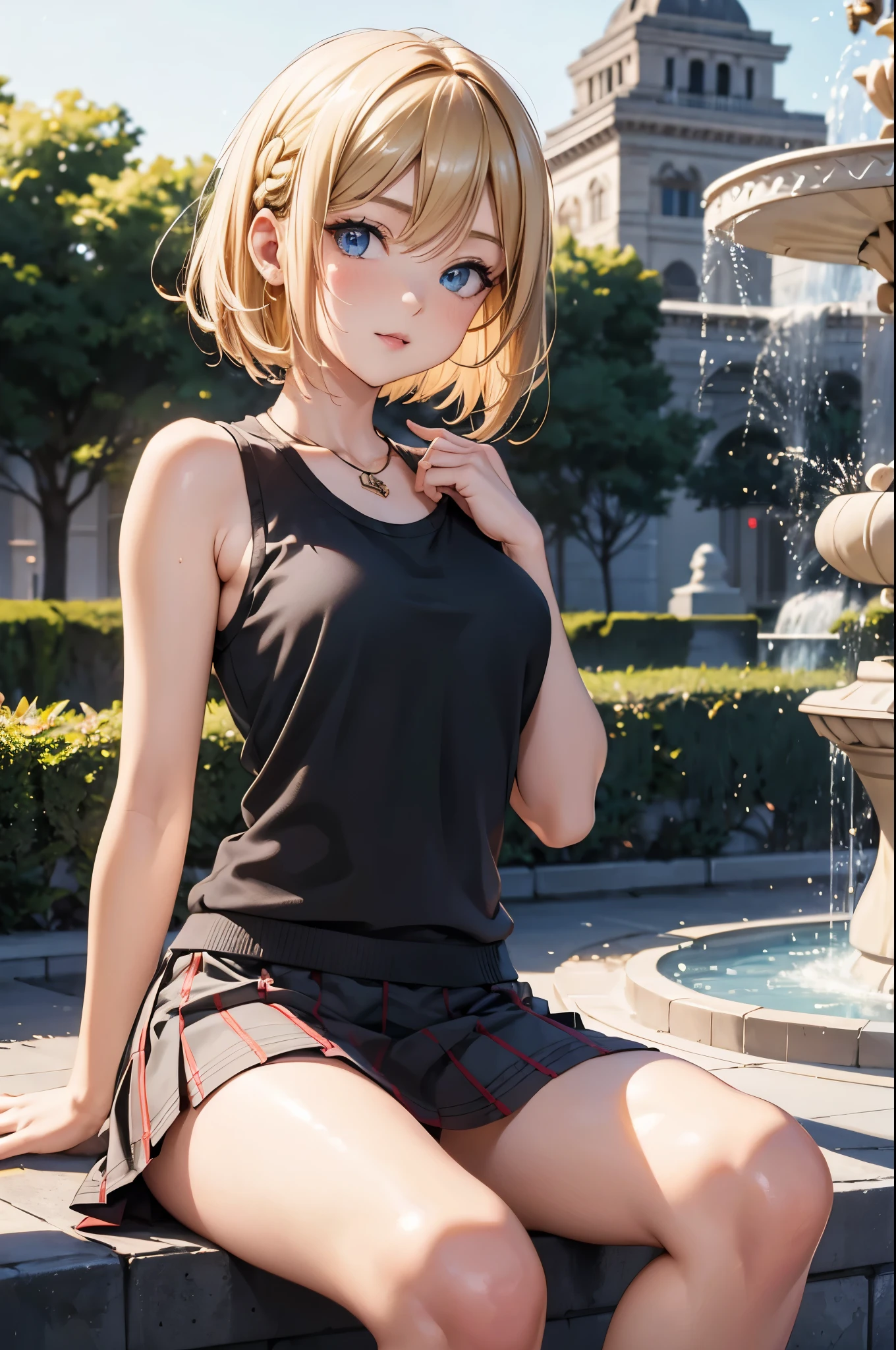best quality, super fine, 16k, incredibly absurdres, extremely, cute European Caucasian woman, 24 years old, captivating look, aroused expression, blonde long bob cut, wearing Burberry checked skirt, black tank top sweater with braided pattern, superlative body proportion, sitting in fountain plaza, detailed eyes, beautiful face, depth of field, Octane Render