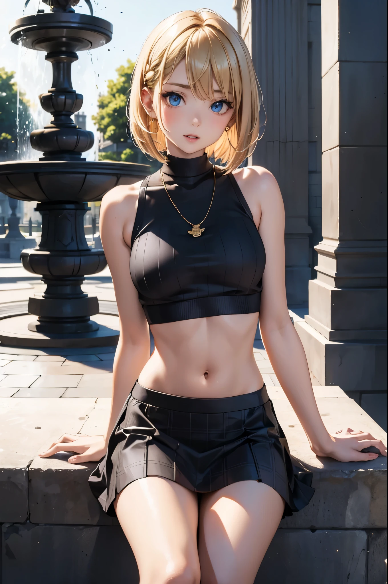 best quality, super fine, 16k, incredibly absurdres, extremely, cute European Caucasian woman, 24 years old, captivating look, aroused expression, blonde long bob cut, wearing Burberry checked skirt, black tank top sweater with braided pattern, superlative body proportion, sitting in fountain plaza, detailed eyes, beautiful face, depth of field, Octane Render