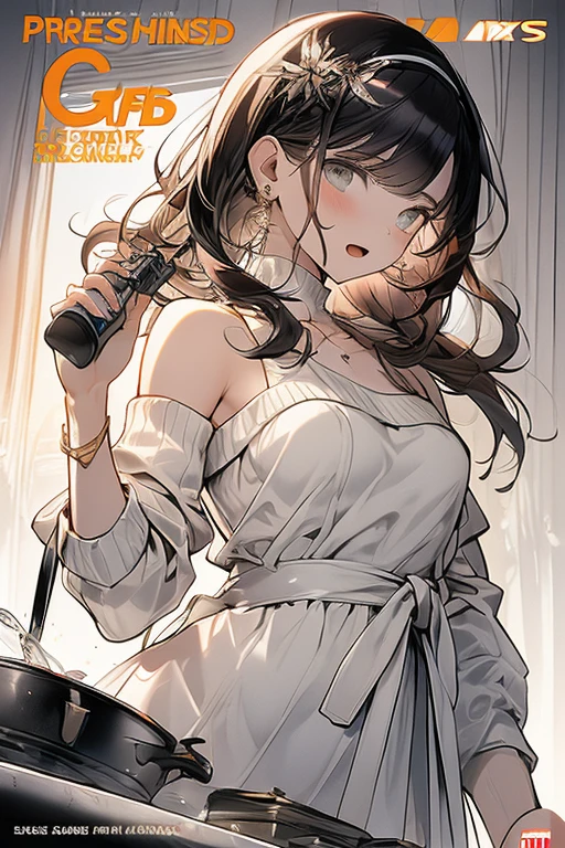 (small breasts:1.2), (perky chest:1.1), (pointed chest:1.0), (hand gun magazine cover:1.3),(from below:1.2),(from side:0.9),masterpiece, 1girl, Amazing Cleavage:1.1, thin waist, big ass, Raised sexy, small breast: 1.2, posed cleavage:1.2、solo, open mouth, have a cute grass of cute beergrass,black hair, dark green eyes, dress, bare shoulders, jewelry, collarbone, sidelocks, hairband, earrings, indoors, off shoulder, sweater, arms behind back, plant, short hair with long locks, gild hairband, sweater dress:1.2, off-shoulder sweater, red sweater, dark gord hair, big side hair, very long side hair,is rendered in (masterpiece: 1.2, best quality), with (ultra high resolution) and an exquisite (depth of field). This masterpiece is not only visually stunning but also tells,A scene of cooking in the kitchen by classroom ,looking at viewer,