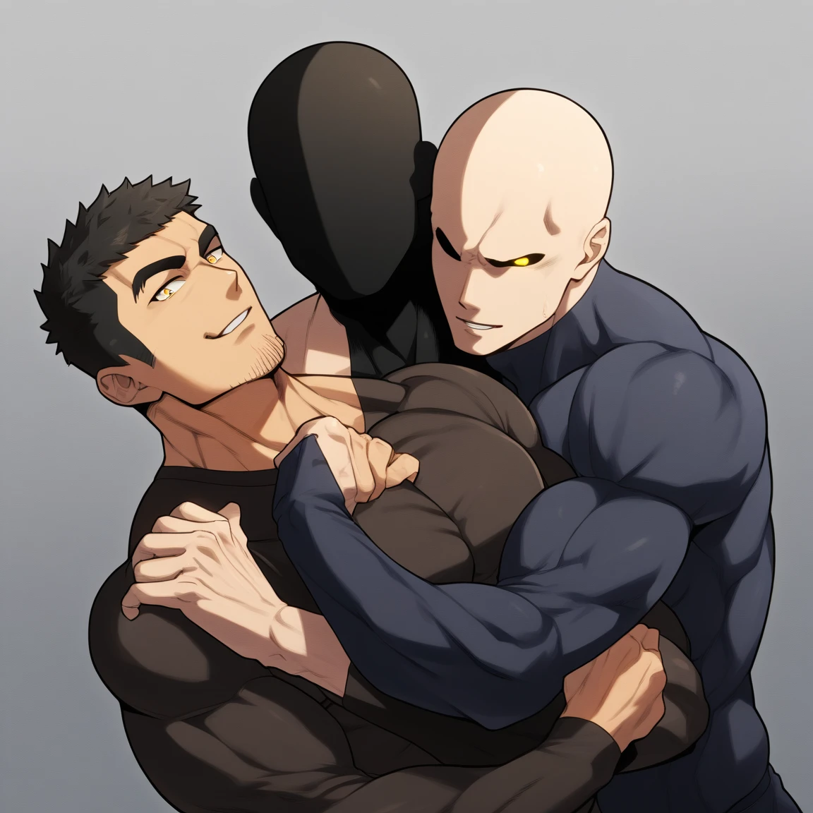 anime characters:Two superheroes in tights, Muscle Sports Student and Muscle No Face No Eyes skinhead superhero, No Face,????? black skin, They hugged and kissed each other, Bite your neck, Caress, Manliness, male focus, Yellow and black high collar long sleeve tight T-shirt, Slightly transparent material, Very tight, Round, full and perky chest muscles, Muscle waist, Slightly transparent, muscular male, muscular, only, Upper body, alone, Black short hair, Thick eyebrows, stubble, Yellow eyes, Grey background, simple background, amazing quality, best aesthetics, Ridiculous, bright pupils, crew cut, parted lips, seductive smile, torogao, naughty face, drop shadow, best quality