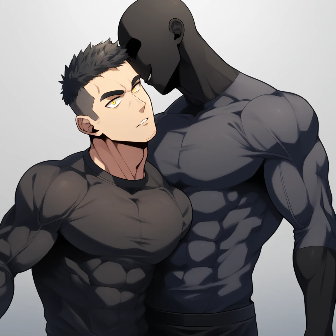 anime characters:Two superheroes in tights, Muscle Sports Student and Muscle No Face No Eyes skinhead superhero, No Face,negro black skin, They hugged and kissed each other, Bite your neck, Caress, Manliness, male focus, Yellow and black high collar long sleeve tight T-shirt, Slightly transparent material, Very tight, Round, full and perky chest muscles, Muscle waist, Slightly transparent, muscular male, muscular, only, Upper body, alone, Black short hair, Thick eyebrows, stubble, Yellow eyes, Grey background, simple background, amazing quality, best aesthetics, Ridiculous, bright pupils, crew cut, parted lips, seductive smile, torogao, naughty face, drop shadow, best quality