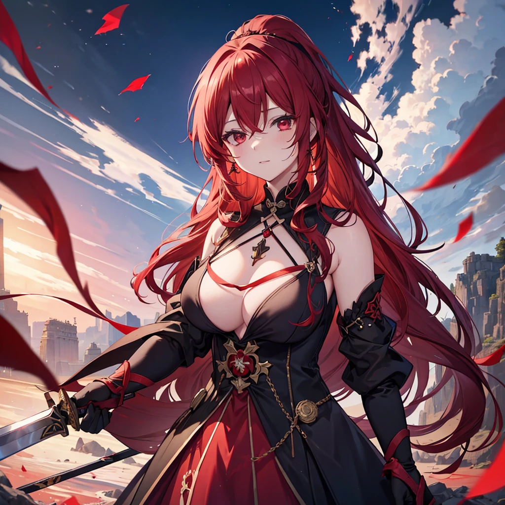 Anime style painting, Aurora, Snow Country, Holding a sword, An illustration, Calm expression, Perfect hands, elder, Redhead, Dignity at 50, ほろ酔いのwoman, alone、masterpiece、Highest quality、(Babes)、Fractal Art、Red eyes、Narrow eyes、Black and red dress, Reddish lips、From the shoulders up、Serious face、一人のwoman、Red Long Ponytail, Curly Hair, Red eyes,Golden accessories, alone, Big Breasts, woman, Take-out, Provocative laughter,40 year old woman,Queen of Sadism, Perfect Human Medicine,Acheron, Estilo Genshin Impact, Combat pose, Very detailed, High resolution, whole body, Sword Rain Red, Black Hole Red