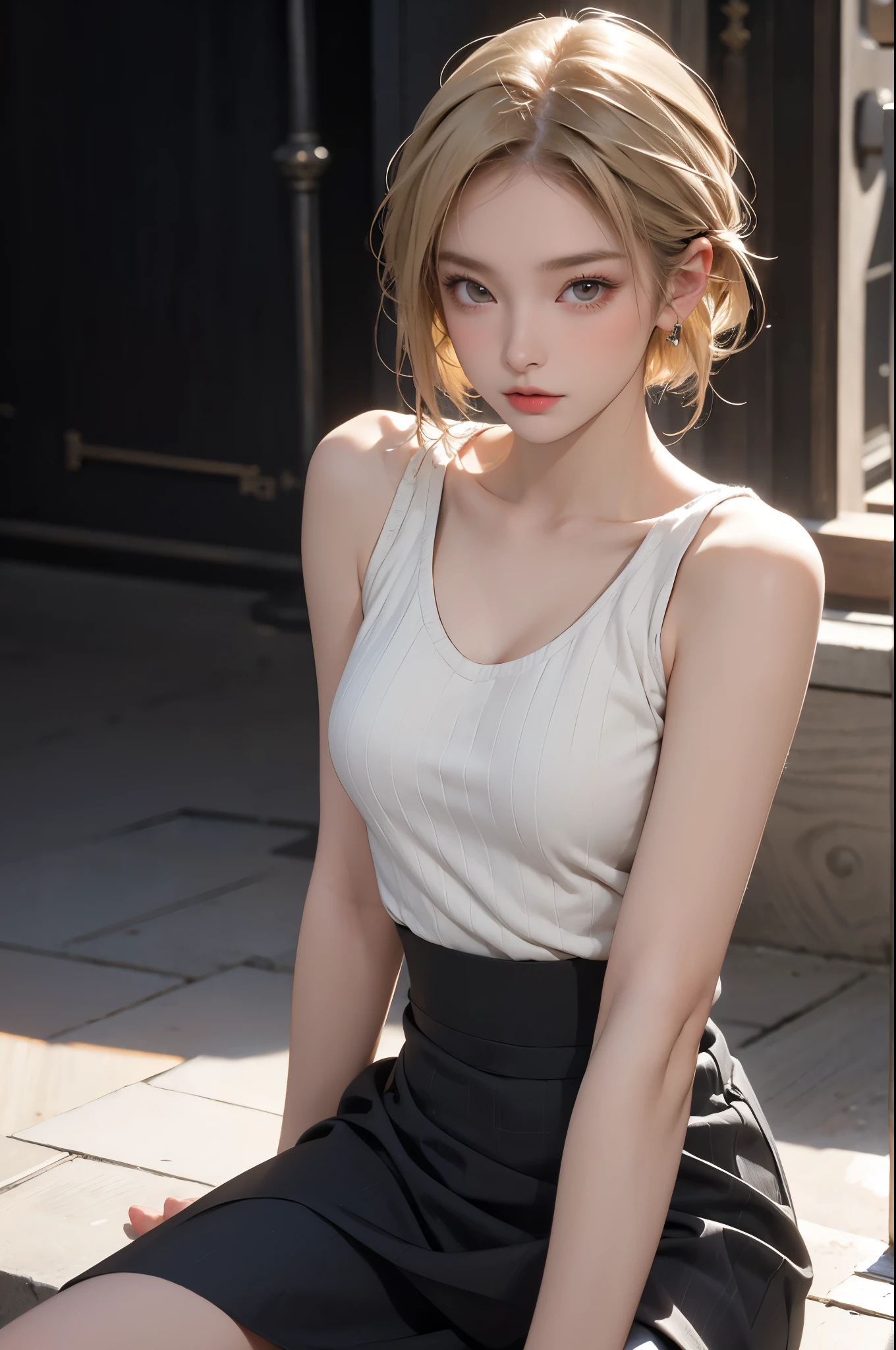 best quality, super fine, 16k, incredibly absurdres, extremely, cute European Caucasian woman, 24 years old, captivating look, aroused expression, blonde long bob cut, wearing Burberry checked skirt, black tank top sweater with braided pattern, superlative body proportion, sitting in fountain plaza, detailed eyes, beautiful face, Octane Render, shallow depth of field