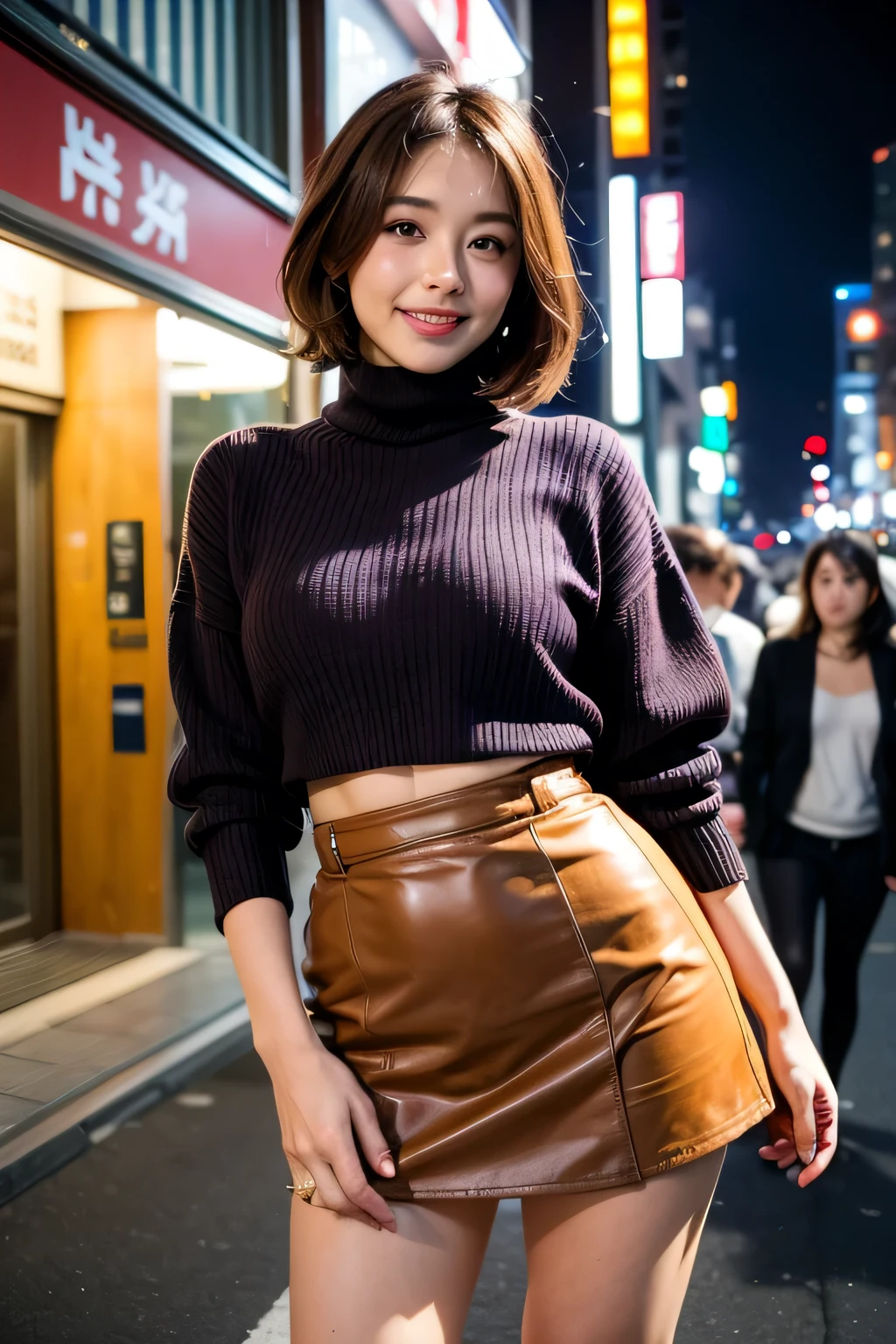 8K, RAW Photos, Highest quality, masterpiece, Realistic, Realistic, (1. The ultimate beauty), middle aged, Highly detailed face, Fine grain, double eyelid, eyelash, Grin, Beautiful Teeth, Lip details, Brunette Bob, (Blue Turtleneck Sweater), ((Brown mini skirt)), Cowboy Shot, Ginza Street in Tokyo, Cityscape, Soft Light, ((Written boundary depth))
