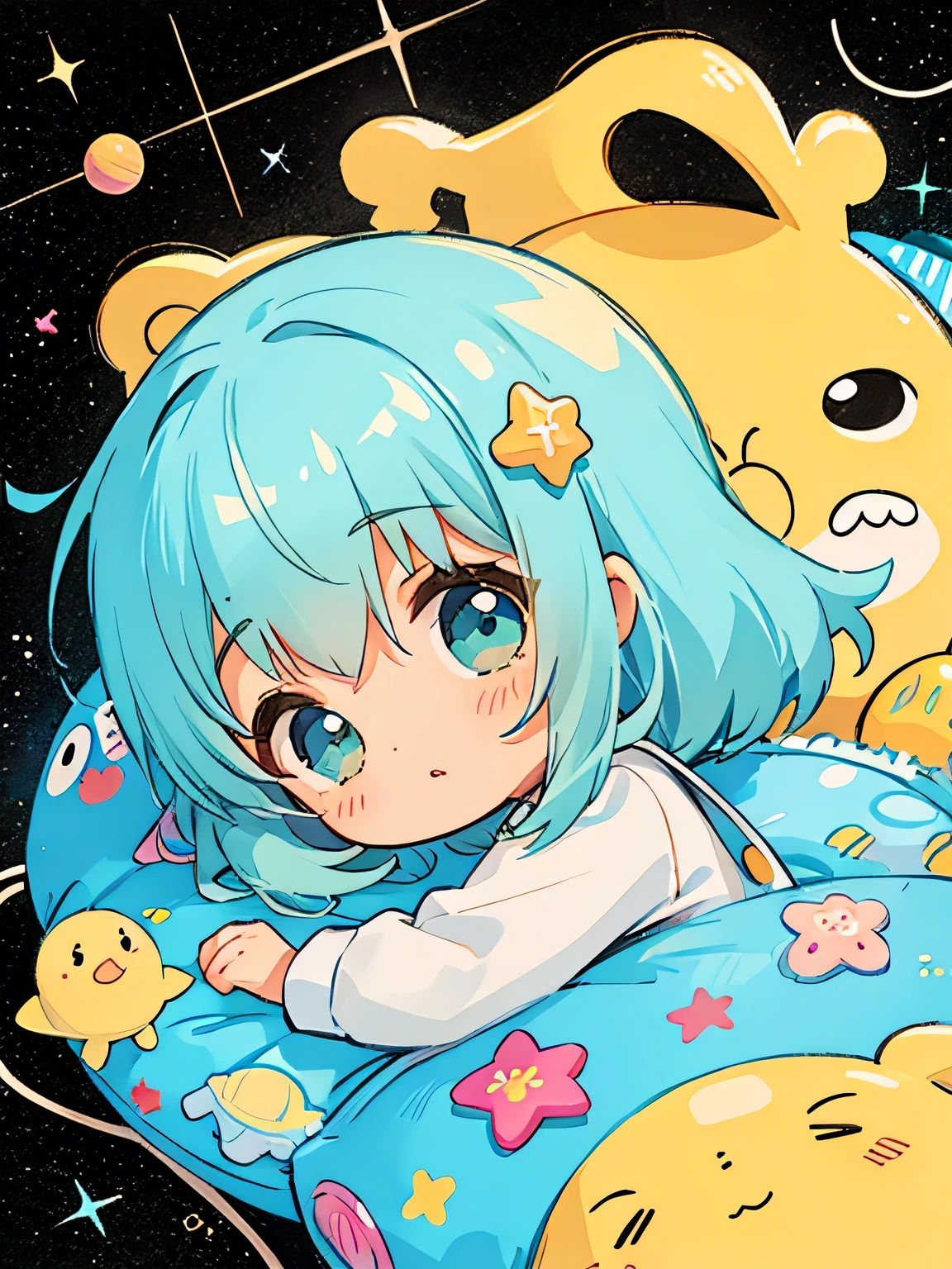 Christian Riese Let style, Kawaii Design, The most beautiful girl of all time、chibi, ((Colorful amoeba))、The background is space、nap