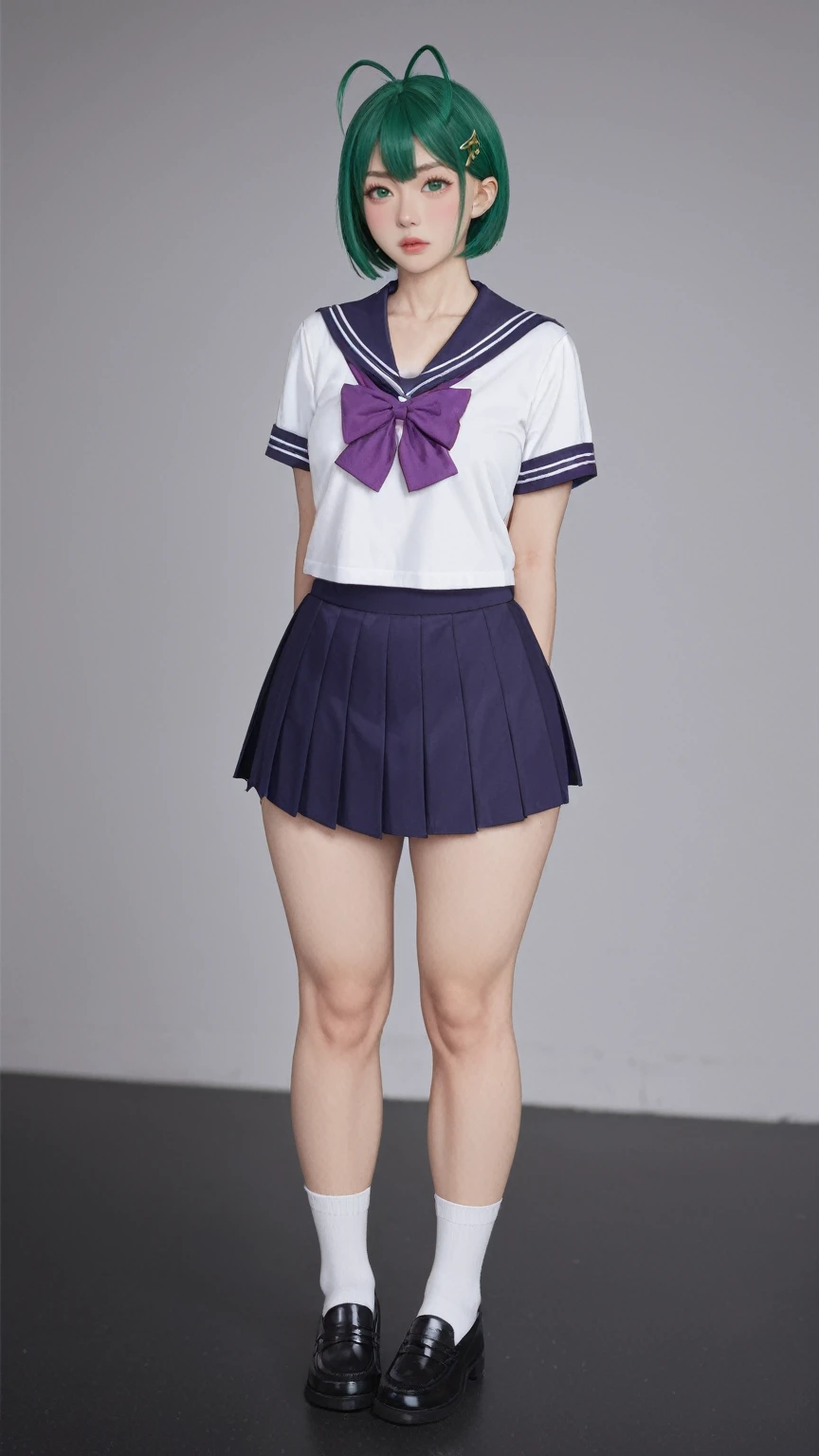 source_cartoon,rating_explicit,score_9,score_8_up,score_7_up,score_6_up,score_5_up,score_4_up,female,source_cartoon,rating_explicit,score_9,score_8 Tights,Purple bow,Green Hair,skin,(Thick Legs)Thick thighs,Hook of Holland,Sweating,exercise,Wide hips,front,Doudou Eyebrows,Antenna Hair Green Short Hair,Green Eyes,Purple bow,Hairpin,Purple and sailor collar,Striped sailor suit,Blue pleated skirt,White socks,leather shoes,Antenna Hair,Doudou Eyebrows,Hair rope