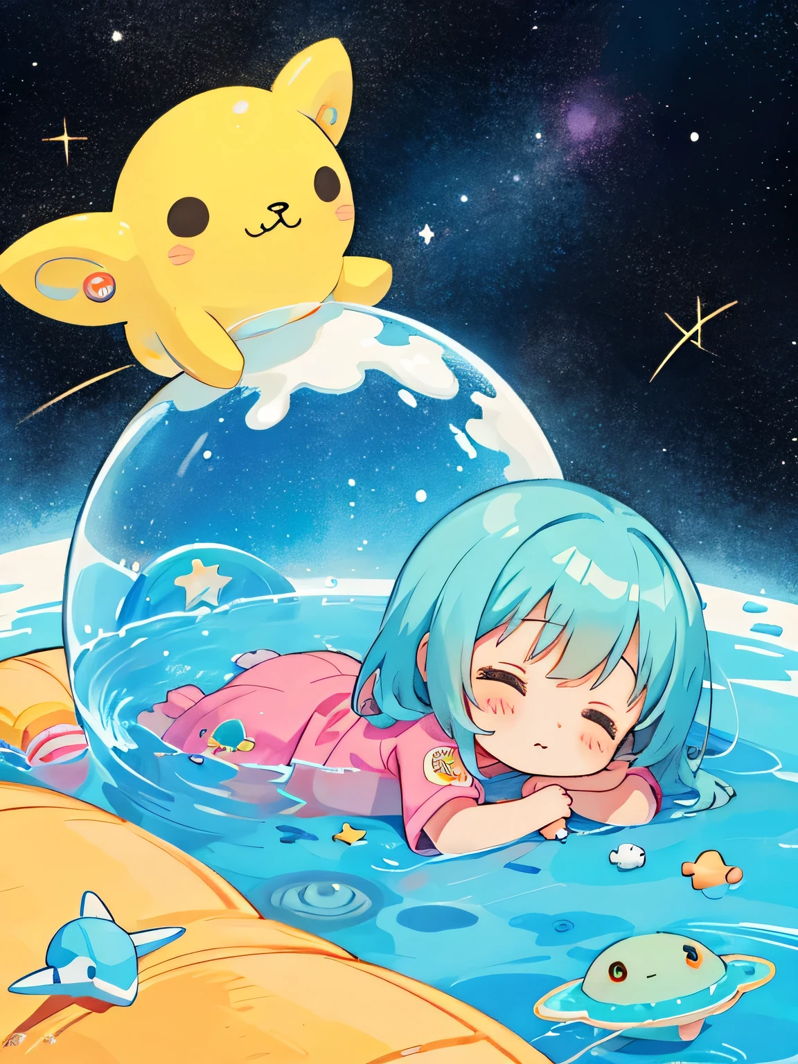 Christian Riese Let style, Kawaii Design, The most beautiful girl of all time、chibi, ((Colorful amoeba))、The background is space、nap