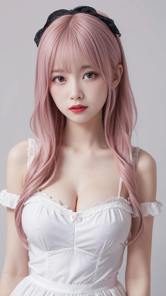 A very delicate and cute girl with pink hair and a ta dress. 8K ultra-high image quality, Delicate texture, Pure white background.Big Breasts,