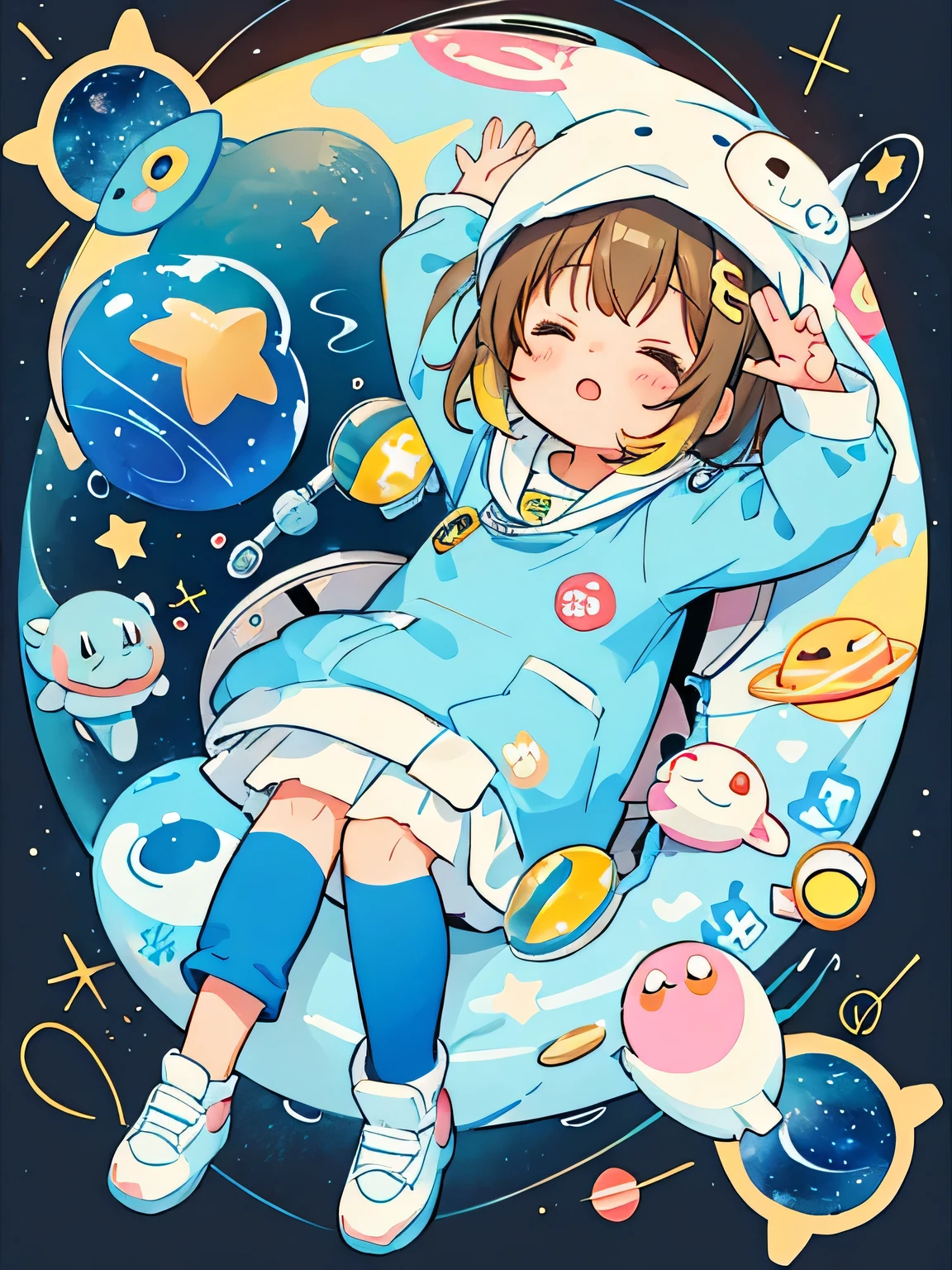Christian Riese Let style, Kawaii Design, The most beautiful girl of all time、chibi, ((Colorful amoeba))、The background is space、nap