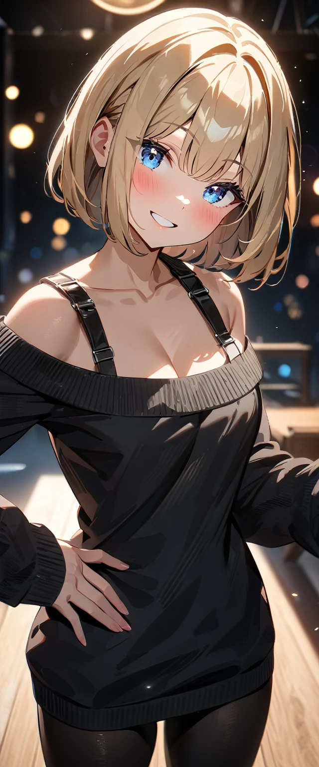 (((One girl))), blond hair, bob cut, (cowboy shot), (looking at viewer), ((black sweater:1.3、Quite thick shoulder straps、sleeves past wrists)), (((off-shoulder, open collar, oversized))), face in focus, teenager, head tilt:1.3, (((blue eye))), ((happy smile)), ((blush)), contrapposto, one hand on hip, black panties, anime style, (best quality, 4k, 8k, highres, masterpiece:1.2, ultra-detailed, ultra-detailed eyes, HDR, UHD, studio lighting, ultra-fine painting, sharp focus, physically-based rendering, extreme detail description, professional, vivid colors, bokeh)