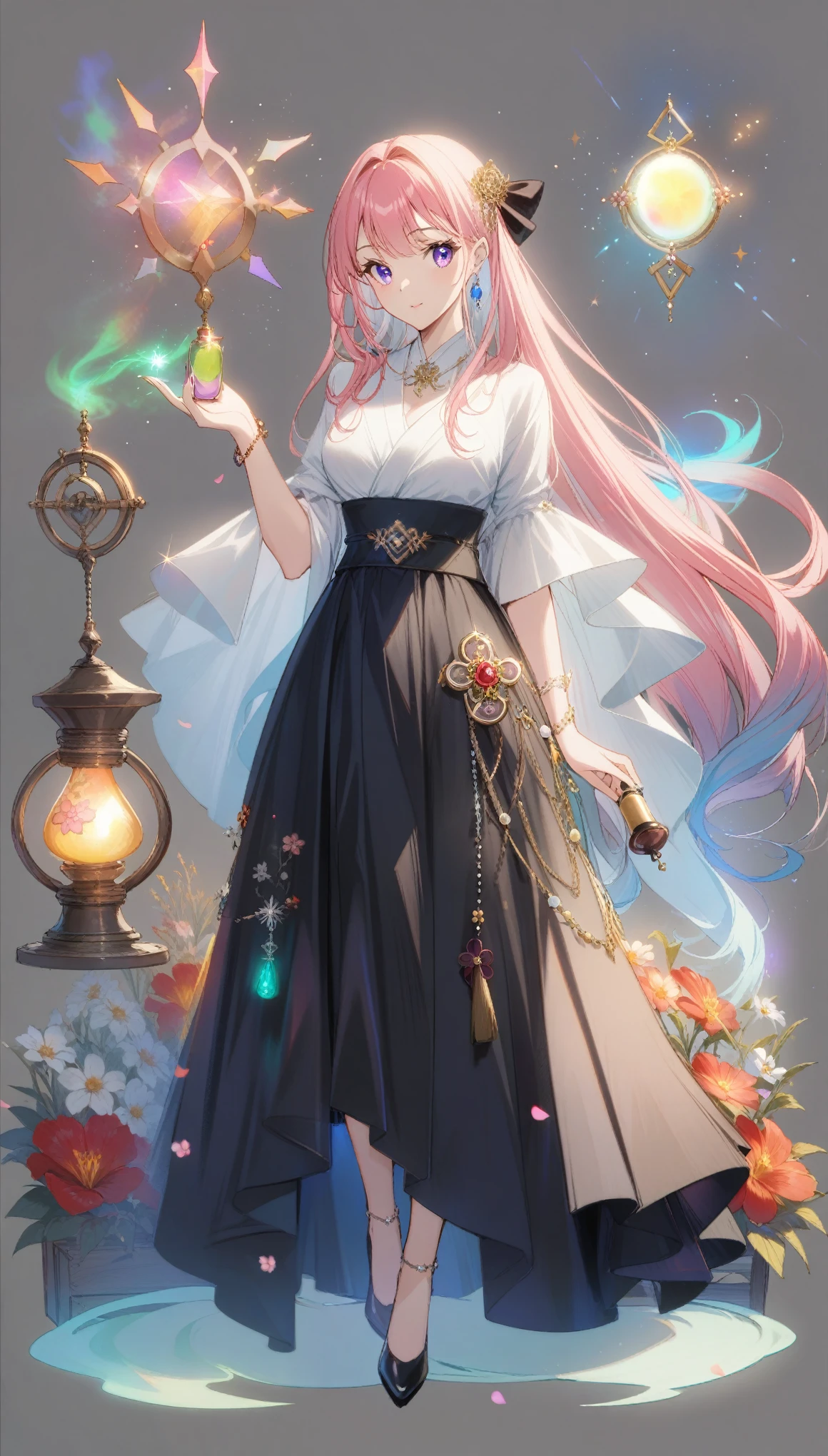 1 Girl, long_hair, bright_hair_Yanren_Eye, mystery_Express, Mature_appearance, Glamorous_Full set of clothing, flow_skirt, elegant_Jewelry, complex_decorate, magic_symbol, Luminescence_Accessories, potion, reel, Lovely_accent, bow, Ribbon, Flowers,