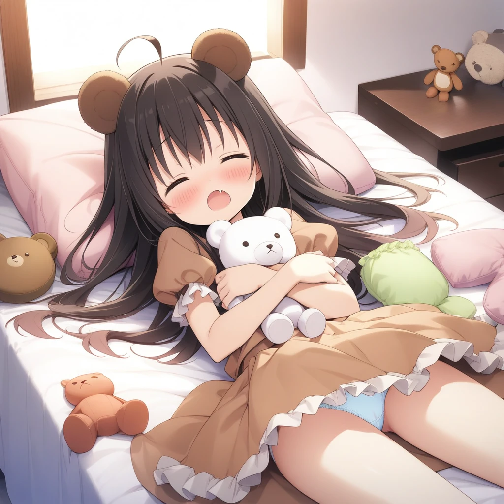 1girl, ayanepuna, absurdres, official art, absurdres, koguma yuno, ahoge, animal ears, bear ears, bed, black hair, blush, brown shirt, brown skirt, closed eyes, facing viewer, fang, frilled skirt, frilled sleeves, frills, hugging object, long hair, open mouth, panties, pillow, puffy short sleeves, puffy sleeves, shirt, short sleeves, skirt, sleeping, solo, stuffed animal, stuffed toy, teddy bear, underwear, very long hair, ((very aesthetic, best quality, ultra detailed))
