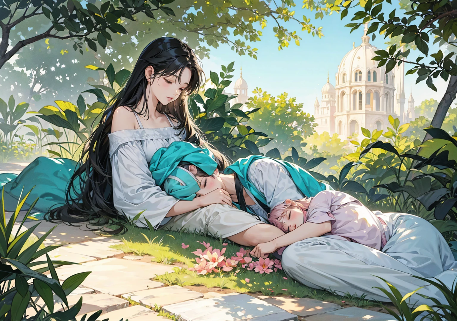 Create an anime-inspired illustration in a 16:9 format, depicting a serene garden scene in the afternoon. Include the sounds of chirping birds and cicadas, along with the gentle rustling of leaves in the breeze and relaxing Lo-Fi music. A baby wearing headphones is peacefully sleeping, looking comfortable and serene in the garden. The scene should convey a tranquil, dreamy atmosphere, perfect for lulling a baby to sleep. The style should be reminiscent of anime, with soft colors and a whimsical touch to the natural elements.