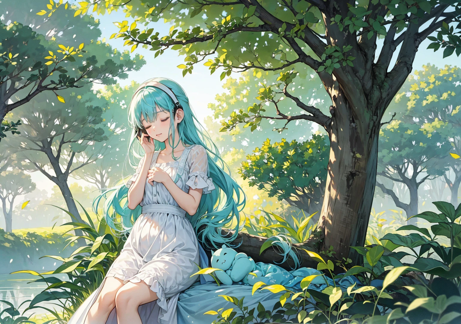 Create an anime-inspired illustration in a 16:9 format, depicting a serene garden scene in the afternoon. Include the sounds of chirping birds and cicadas, along with the gentle rustling of leaves in the breeze and relaxing Lo-Fi music. A  wearing headphones is peacefully sleeping, looking comfortable and serene in the garden. The scene should convey a tranquil, dreamy atmosphere, perfect for lulling a babysleep. The style should be reminiscent of anime, with soft colors and a whimsical touch to the natural elements.