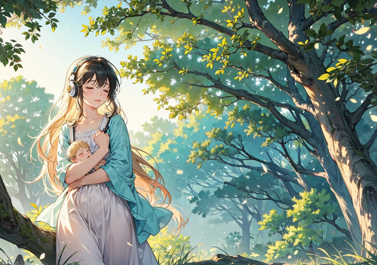 Create an anime-inspired illustration in a 16:9 format, depicting a serene garden scene in the afternoon. Include the sounds of chirping birds and cicadas, along with the gentle rustling of leaves in the breeze and relaxing Lo-Fi music. A baby wearing headphones is peacefully sleeping, looking comfortable and serene in the garden. The scene should convey a tranquil, dreamy atmosphere, perfect for lulling a baby to sleep. The style should be reminiscent of anime, with soft colors and a whimsical touch to the natural elements.