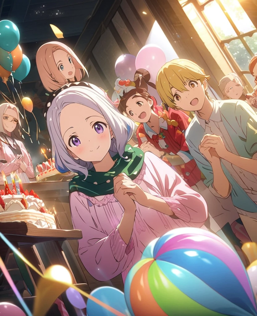 Cover, Anime Key Visual, height, Highest quality, best quality, There is a reward paid., high quality illustration, An unrivaled masterpiece, perfect work of art, nonsense(family on birthday ,  Blowing out the candles on the birthday cake)(The room was decorated with balloons and rainbows., The atmosphere is festive and colorful.)(The kemono rulers of various descents smiled and clapped their hands.)perfect ???????, Cake with colorful candles and icing, The mood is joyful and celebratory., Special family time, Fan-created works shared on the Pixiv platform or , movie light, Dynamic angle,There is no person.