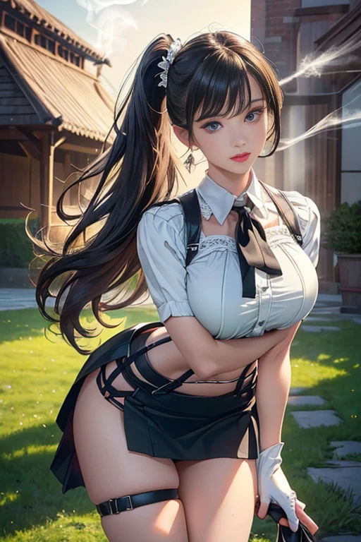 22 years old, (milf:0.8), (solo:1.5), (sfw:1.25), cute breast, beautiful breasts, medium tits,black suspenders,(Bulging ,big breasts:1.1),(Black miniskirt:1.3),garters,Gaze,Small face,bangss,holster,Belt Armament,Beautuful Women, thin waist, big ass:1.0, Raised sexy, (dark green mediumlong hair,side ponytail,hair between eyes,bangs, dark blue eyes, light smile, big , Revimpling fabric, earrings, Hand gloves, detailed face,(smoking:1.3),detailed and beautiful eyes,beautiful detailed lips,Rolling her eyes,manner,(ultra high resolution, 8K RAW photo, photo realistics, thin outline:1.3, clear focus), best qualtiy, natural lighting, textile shading, field depth (Bright pupils, fine detailed beautiful eyes with highlight:1.3, high detailed face), Red lip, fine realistic skins:1.1, looking down viewers:1.3, (dynamic angle:1.3, front view:1.1, breast focus:1.3, from below:1.2), (dynamic posing:1.5, sexy posing:1.2, leaning forward),Youghal, side lock, hair ornaments, hair band,nice,garden background,artistic rendering,Super detailed,(highest quality,4k,8K,High resolution,masterpiece:1.2),Bright colors,studio lighting ,in usa military base,