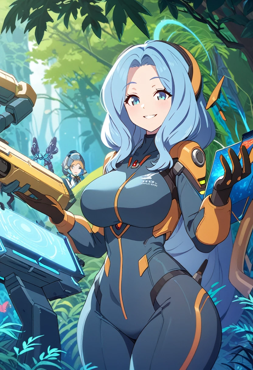 young woman, 21 years old, Science fiction, very curvy hips, big breasts, high tech suit, long blue hair, carefree smile, Alien jungle, conducts research, blue vegetation, Alien beetles