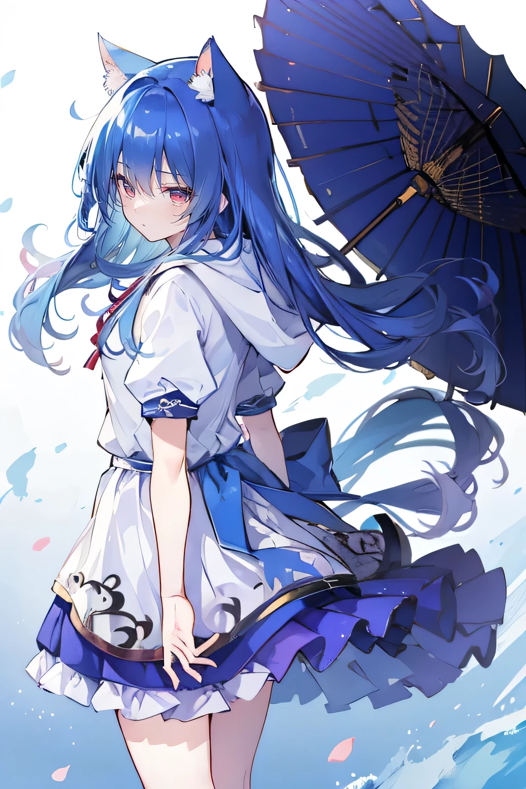 (masterpiece:1.2),Super detailed,lifelike,Expressive eyes,fair skin,perfect face shape,1 girl,
Japanese comics,Gorgeous blue hair,flowing blue hair,flowing clothes,Cat ears,Petals fall,beautiful lola,Baby Angel,
Shaking head with one hand,Cross your legs,Gentle and peaceful background,The pavilion is cool and comfortable,smile, wearing hoodie, background of tokyo,back views,snowing, winter,Angel wings,The world is open,shameful expression。