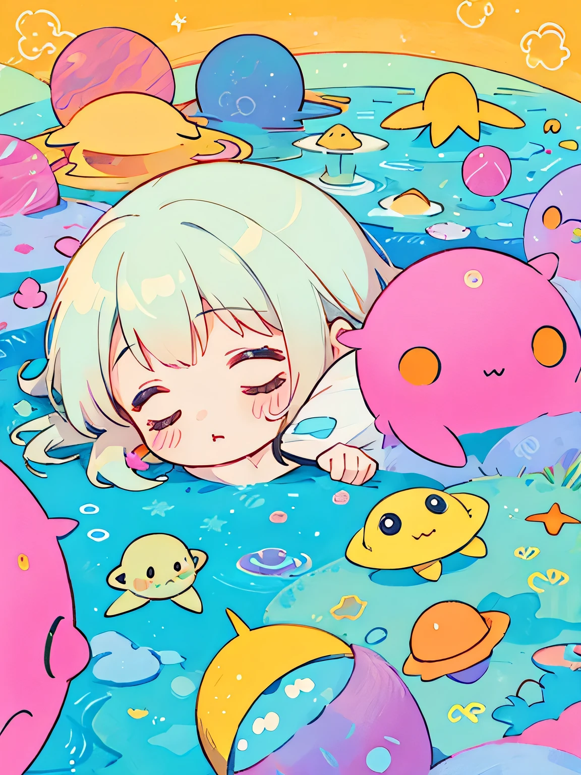 Paul Klee style, Kawaii Design, The most beautiful girl of all time、chibi, ((Colorful amoeba))、The background is space、nap