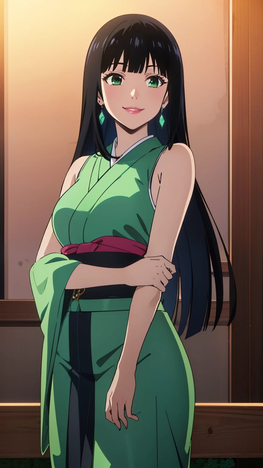 Ultra HD CGI animation 8k, Very detailed, Digital Art Painting, 1 girl, Pink Lips, Shiny, Happy, smile, Looking at the audience, Blunt bangs, Princess cut bangs, Black Hair, Long Hair,(earrings, japanese clothing, underarms, sleeveless, bare shoulders, side bust, green hair, sleeveless kimono, jewelry),(Cowboy Shot:1.2),