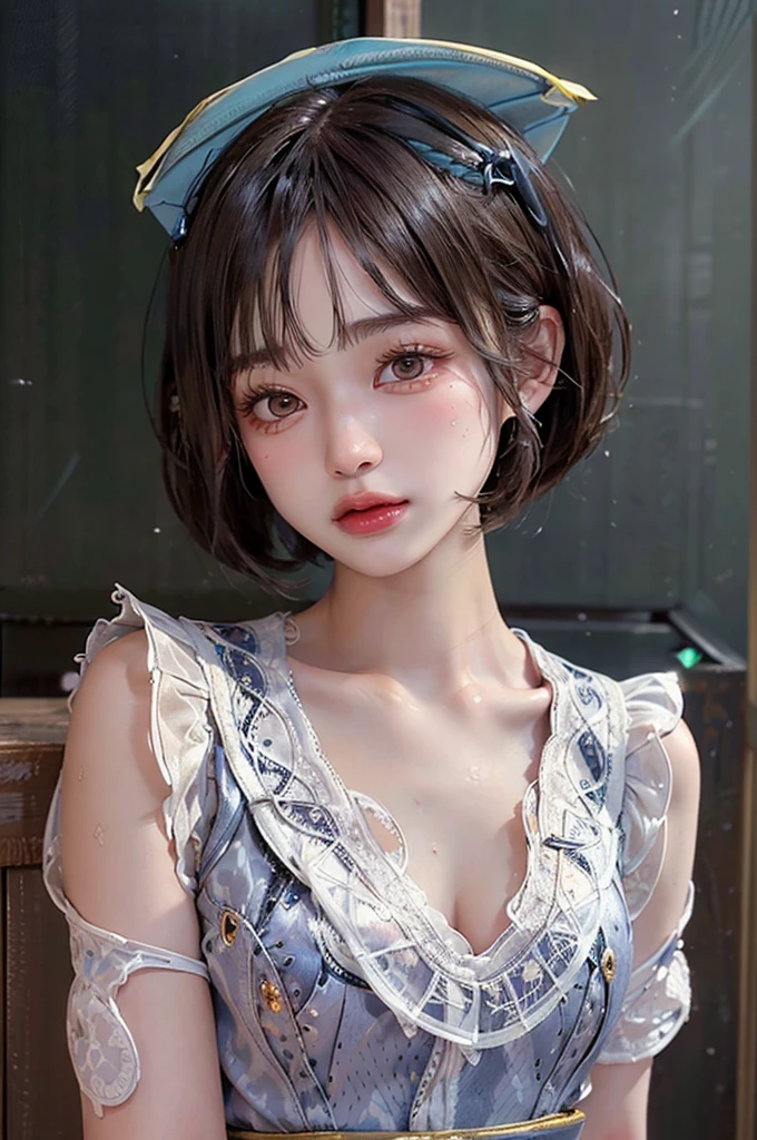 (Highest quality, masterpiece:1.3), ((Beautifully detailed face)), beautifully detailed skin, Intricate details, Very detailed, Best image quality in 8K, (18-year-old girl),Japanese Girls,Baby Face,(Detailed Hair,Bobcut:1.4),Detailed lips,Open your mouth,blush,Embarrassing,Realistic Face,Realistic Skin,(y:2.0,Clothes are disheveled),(Vibrant Skin,Moisturized Skin:1.2),Vivid lips,Lip gloss,(cowboy shot:1.5)