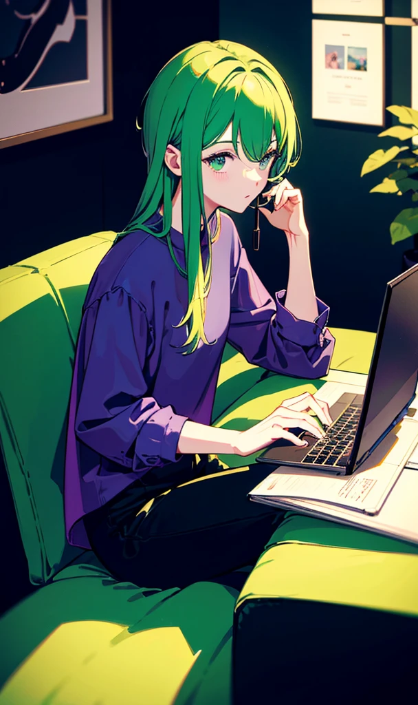 1 man, typing on laptop, a glass of black coffe, casual suite, detailed image, ((best quality image)), pastel color, dominate with green and purple color.